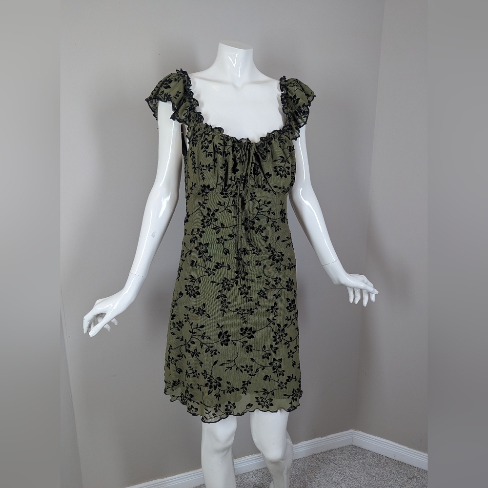 Green Floral Milkmaid Mini Dress Ruffle Tie Front Cottagecore Grunge M Shein